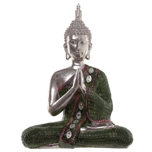 Buddha 332G siddende sølv og grønfarvet h:28cm